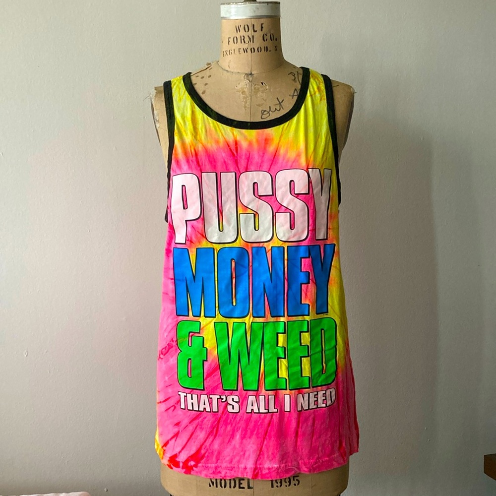 NWOT Money Weed Tie Dye Tank Top | Funny Graphic Word | Medium | Pacific Surf